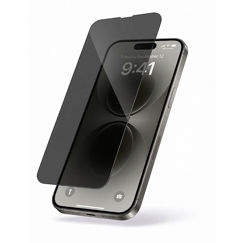 Product image of a dark privacy screen protector partially applied to a dark grey iPhone displaying Tuesday September 12 9:41 illustrating its view-limiting effect