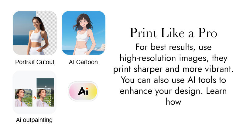 AI image editing tools with examples of portrait cutout, AI cartoon, and AI outpainting on a white background.