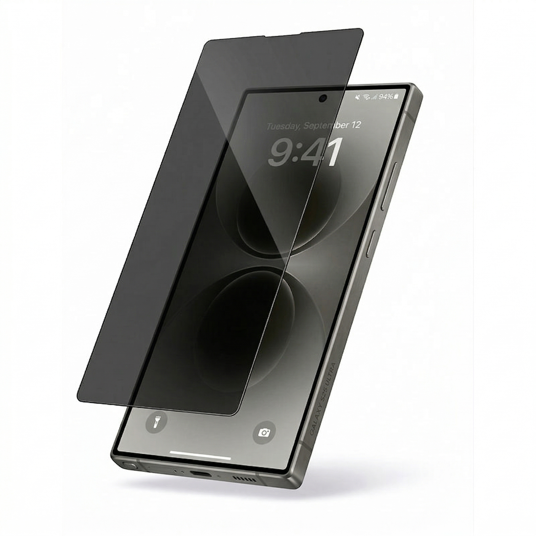 Digital photograph showing a Galaxy S25 Ultra smartphone on a white background with a dark privacy screen protector hovering above its screen displaying the time 9:41, date Tuesday September 12, and 94% battery with flashlight and camera lock screen icons visible