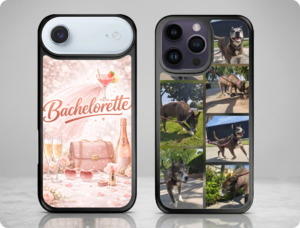 Two phone cases, one with a 'Bachelorette' theme and the other with images of animals.